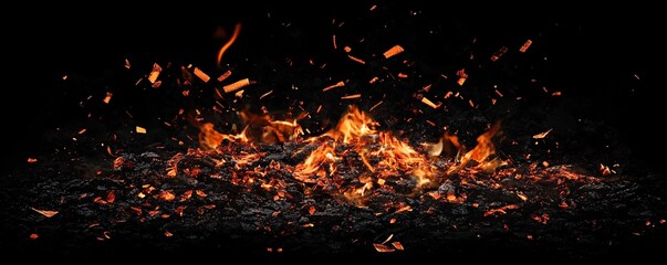 Aufkleber - Burning embers and flames erupting from hot coals against black background