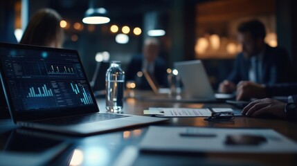 Poster - A Close-Up View of a Laptop Screen Displaying Data Charts and Graphs in a Dimly Lit Office Setting