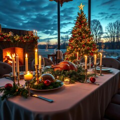 Wall Mural - christmas dinner table, outdoor setting, lakeside view, decorated christmas tree, candles, festive o