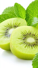 Poster - Fresh and Vibrant Sliced Kiwi With Green Leaves on a Bright White Background