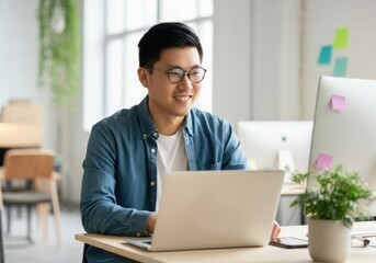 Poster - Happy young asian male freelancer smiling and working on laptop in coworking