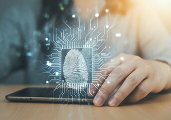 Poster - Hand touching tablet with glowing fingerprint sensor, ensuring secure access through biometric technology