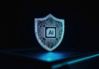 Poster - Cybersecurity concept with artificial intelligence processor inside shield icon made of electronic circuit, floating on futuristic dark background