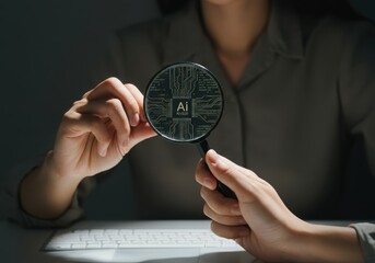 Poster - Businesswoman holding magnifying glass focusing on ai microchip, exploring future technologies and innovation