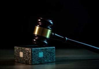 Poster - Judge gavel resting on electronic circuit board, representing cyber law and legal challenges in digital world