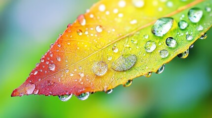 Poster - Vibrant Leaf Adorned With Water Droplets Showcasing Nature's Beauty in Sharp Detail