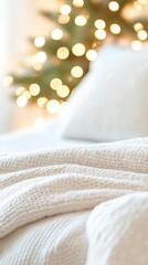 Poster - Cozy Holiday Bedroom With Festive Linens and Enchanting Fairy Lights Glowing Softly
