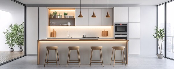 Poster - Modern white kitchen interior with island and bar stools illuminating a contemporary apartment