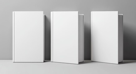 Wall Mural - 3d rendering of three blank white book cover mockups viewed from the top, set against a softly blurr