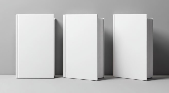  3D rendering of three blank white book cover mockups viewed from the top, set against a softly blurred gray background.