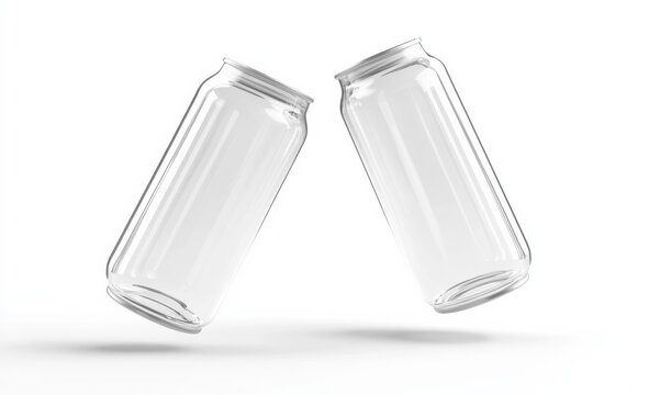3D rendering of two empty glass soda cans floating in the air, with one tilted and filled with water droplets, set against a clean white background. 