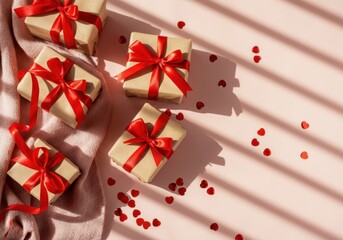Wall Mural - wrapped gifts with red ribbons on a pink background with heart confetti and window shadows create a 