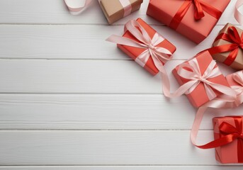 Wall Mural - gift boxes with colorful ribbons are creating a festive atmosphere on a white wooden table, perfect 