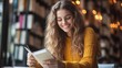 © ratcha - A smiling woman in a cozy sweater reads a book in a warm, inviting library filled with books.