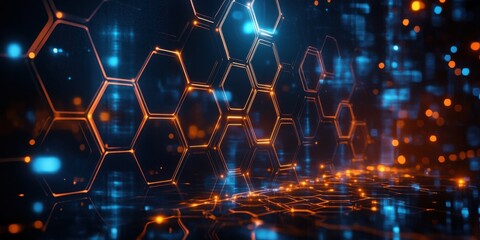 Poster - futuristic hexagonal pattern with glowing lights and digital elements creating a dynamic background 