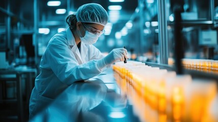 Poster - A Worker in a Lab Coat Inspecting Bottles on a Conveyor Belt