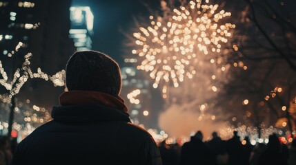 Poster - A solitary figure silhouetted against a vibrant display of fireworks in the night sky.