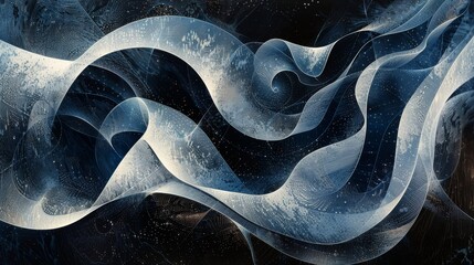 Poster - Intricate blue and white abstract design showcasing fluid movement and dynamic textures in a dark background