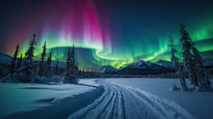 espectacular aurora boreal sobre un paisaje alpino cubierto de nieve