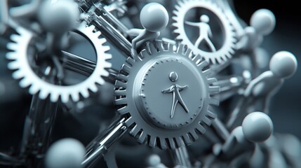 Aufkleber - Teamwork and collaboration: 3d figures pushing interlocking gears forward