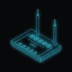 Poster - Neon illustration of a wifi router with its antennas glowing on a black background