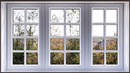 Poster - Modern pvc windows showing autumnal trees through glass panes