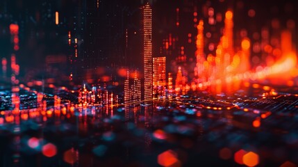 Poster - Modern cityscape illuminated with vibrant digital graphics at night showcasing data streams and technology influence