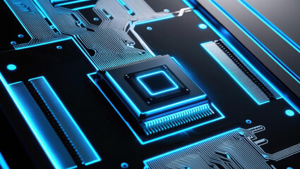 Poster - close up view of integrated circuit with glowing microchips, showcasing futuristic design in neon bl