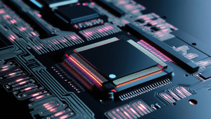 Poster - close up view of integrated circuit with glowing microchips and print patterns, showcasing futuristi