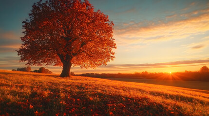 Wall Mural - a serene autumn sunset illuminates a golden field with vibrant orange and red leaves under a large t