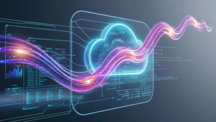 Poster - Cloud AI integration, neon lit data flows, and holographic analytics interface create vibrant abstract design that showcases modern technology and innovation
