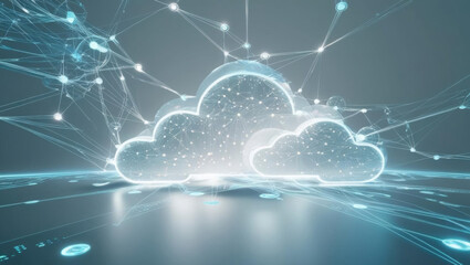 Poster - Futuristic cloud computing concept with glowing networks and holographic connections creates tech atmosphere. Ideal for digital innovation themes