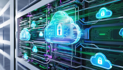 Poster - cloud security visualization with glowing holographic icons and layered tech grid, showcasing advanc
