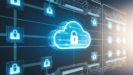 Poster - cloud security visualization features glowing holographic icons on layered tech grid, showcasing adv