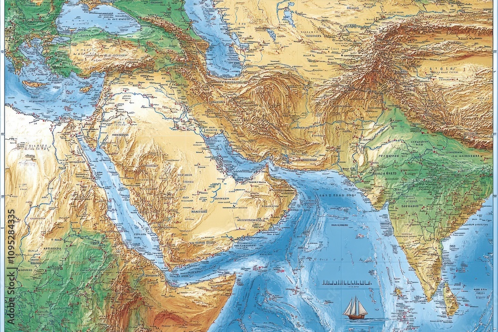 Detailed Topographical Map of the Middle East and South Asia Stock ...