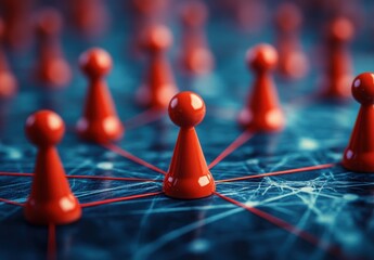 Poster - Red game pieces connected with lines on a blue background, representing networking, communication, and strategy in a modern digital space.