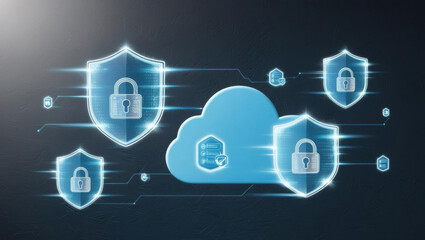 Poster - Cybersecurity in cloud with holographic shields and floating icons creates futuristic atmosphere. blue tones enhance sense of advanced technology and protection