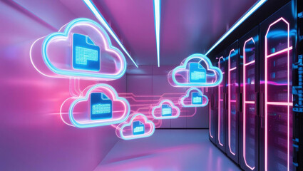 Poster - Dynamic cloud backups and glowing file transfers create futuristic neon ambiance in high tech data center. vibrant colors and modern design evoke sense of innovation and efficiency
