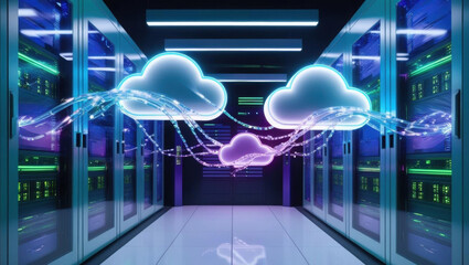 Poster - dynamic cloud backups and glowing file transfers create futuristic neon ambiance in high tech server