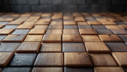Poster - Textured Wooden Flooring with Varied Shades and Patterns, Featuring a Distinctive Arrangement of Square Tiles for Interior Design and Construction Projects