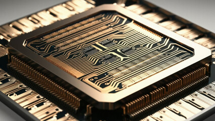 Poster - intricate microchip close up showcasing detailed layers and circuits, enhanced by vibrant lighting e