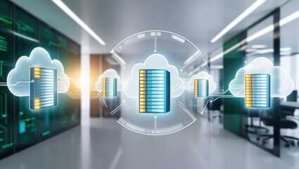 Poster - seamless cloud deployment with glowing server icons in futuristic tech workspace, showcasing advance
