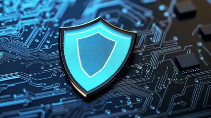 Poster - Futuristic Computer Security Shield on a Circuit Board Background, Symbolizing Digital Protection and Technology Advancement in a Modern World