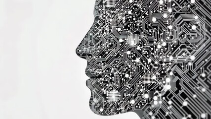 Poster - Abstract representation of artificial intelligence with a human silhouette integrated with technology and circuits illustrating AI evolution and innovation in computing.