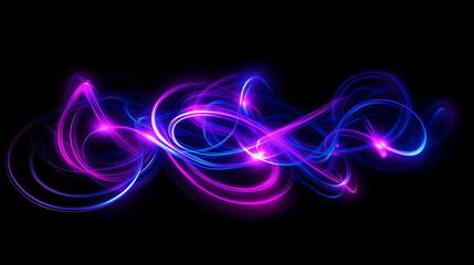 Wall Mural - Dynamic neon light trails in vivid shades of blue and magenta intertwine gracefully on a black background, creating a captivating abstract design with glowing highlights and sharp details
