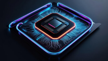 Poster - futuristic cpu with glowing circuit patterns in neon tones on dark background, showcasing advanced t