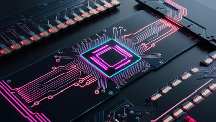 Poster - top view of futuristic integrated circuit with glowing neon patterns, showcasing intricate designs a
