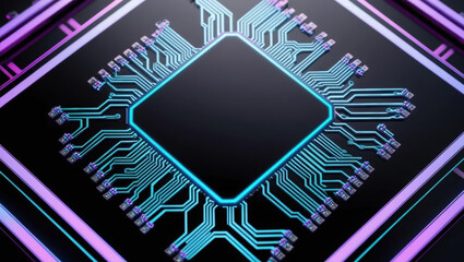 Poster - futuristic integrated circuit with glowing neon patterns on dark background, showcasing intricate de