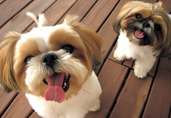 adorable shih tzu dogs with playful expressions on wooden deck, perfect for pet lovers and animal en