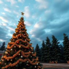 Wall Mural - traditional christmas tree: a 2d illustration of a classic christmas tree adorned with golden garlan